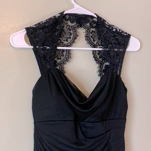 Little black forests lace shoulders open back sweetheart neckline figure hugging